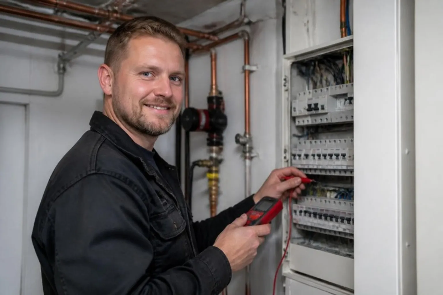 Smilende elektriker måler i en åben eltavle med et multimeter