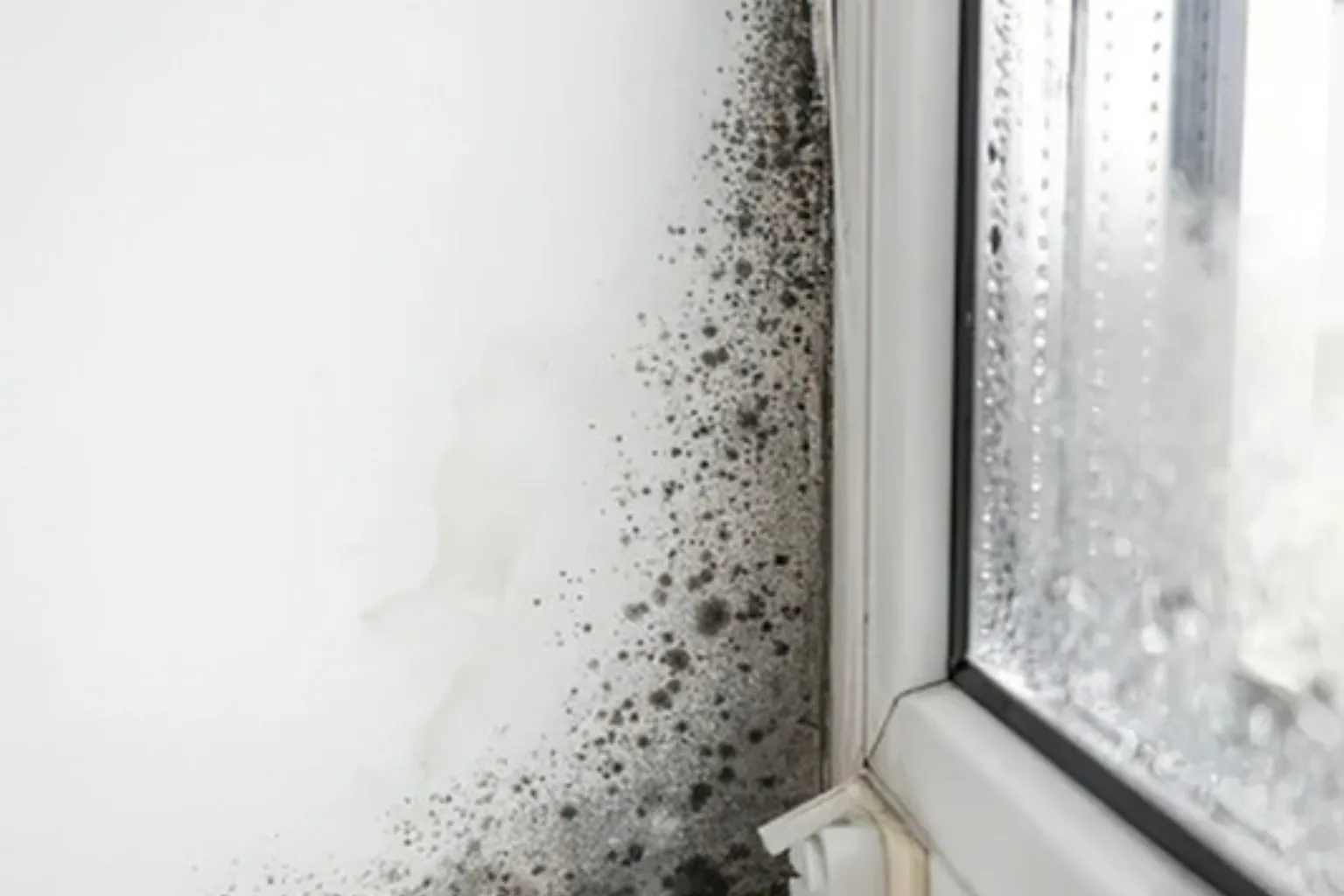 Sorte skimmelpletter på en hvid væg ved siden af et vindue med kondens