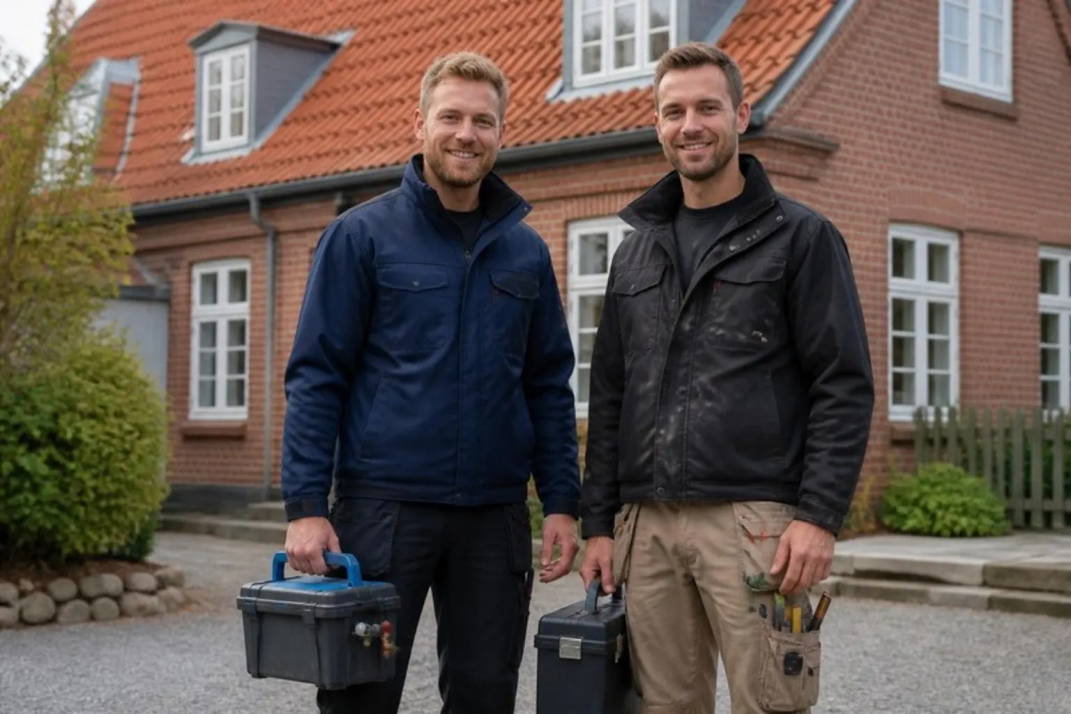 To smilende håndværkere med værktøjskasser foran et rødt dansk murstenshus med tegltag