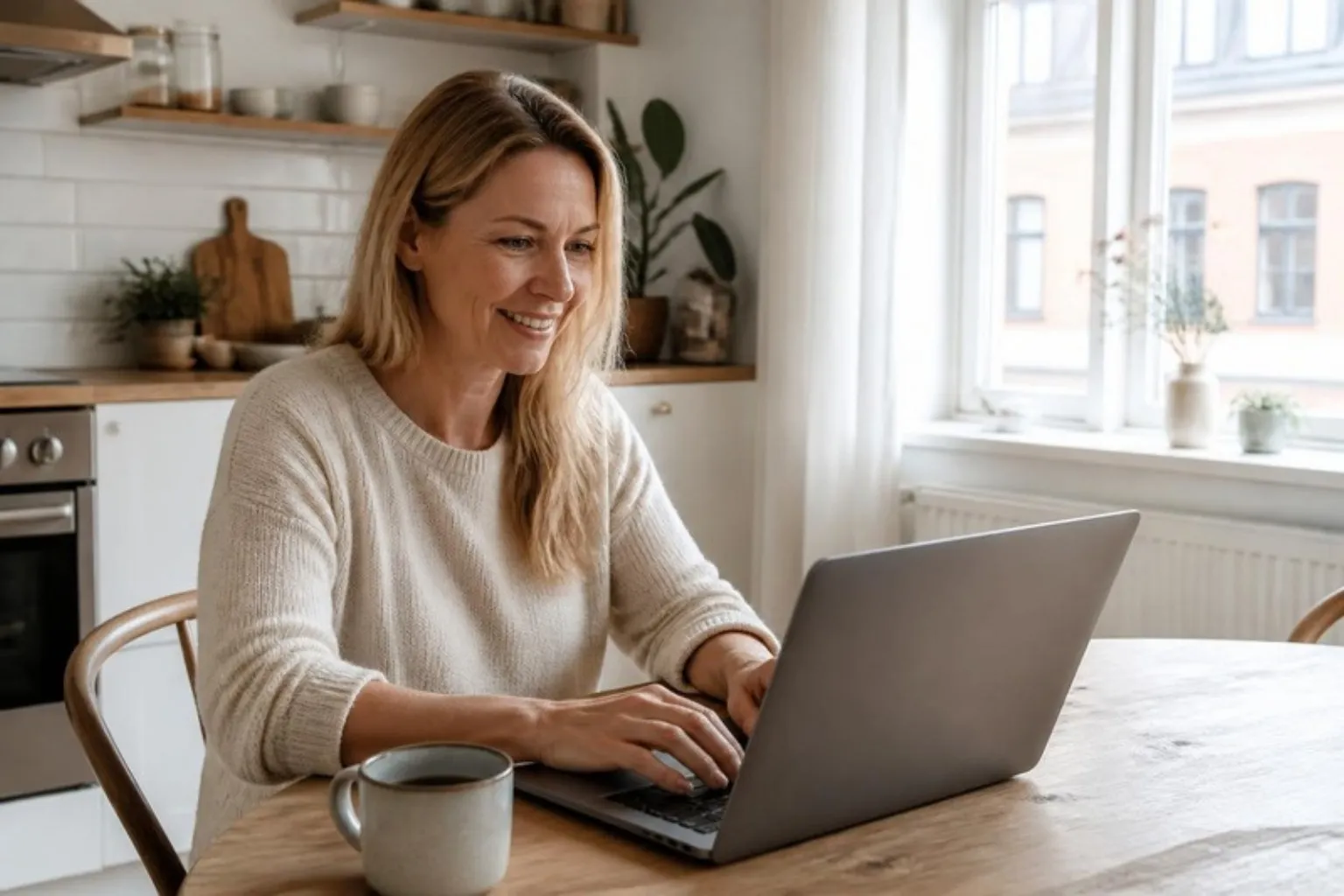 Kvinde skriver et spørgsmål på sin bærbare computer ved køkkenbordet